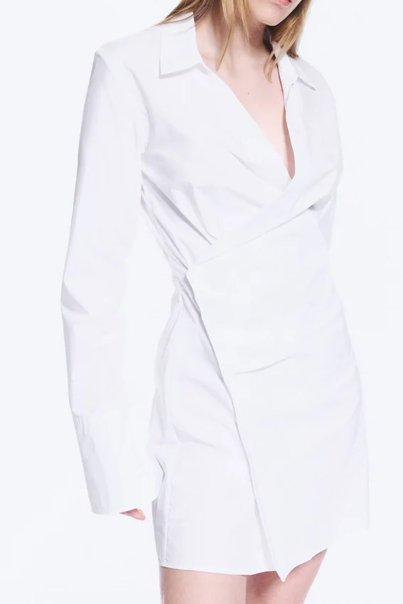 Vestido camisero mini asimétrico de manga larga – Blanco Vestido camisero mini asimétrico de manga larga – Blanco