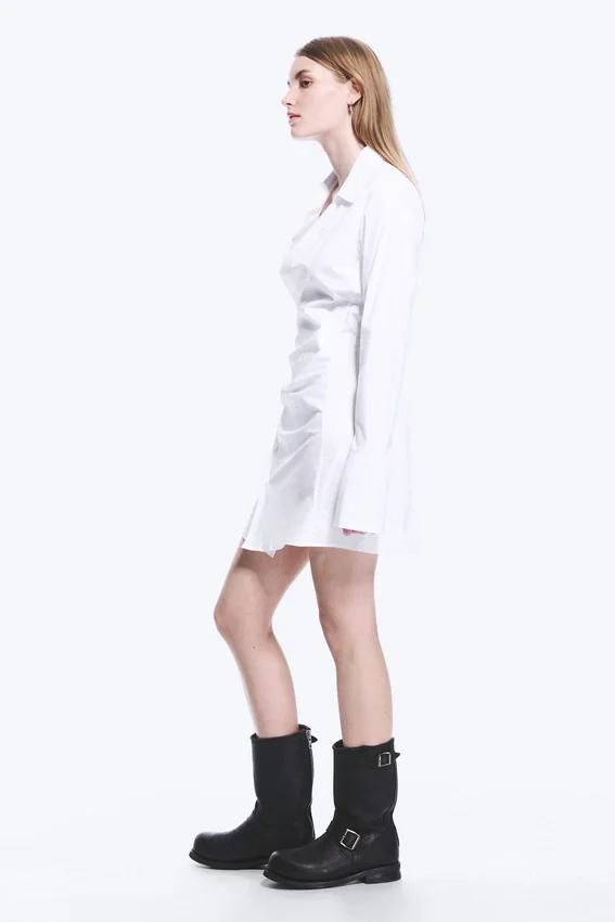 Vestido camisero mini asimétrico de manga larga – Blanco Vestido camisero mini asimétrico de manga larga – Blanco