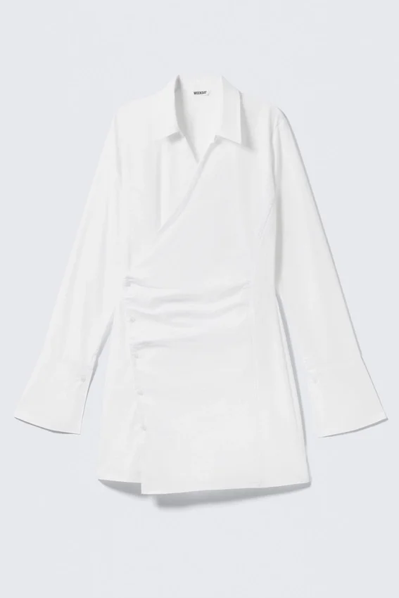 Vestido camisero mini asimétrico de manga larga – Blanco Vestido camisero mini asimétrico de manga larga – Blanco