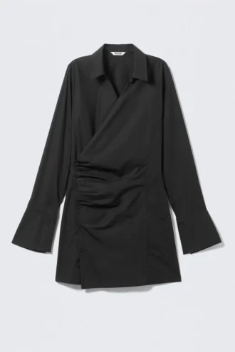 Vestido camisero mini asimétrico de manga larga – Negro