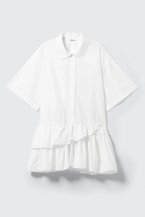 Vestido camisero mini oversize con volantes – Blanco Vestido camisero mini oversize con volantes – Blanco