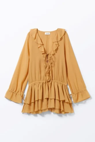 Vestido con cuello en V y volantes – Amarillo mostaza