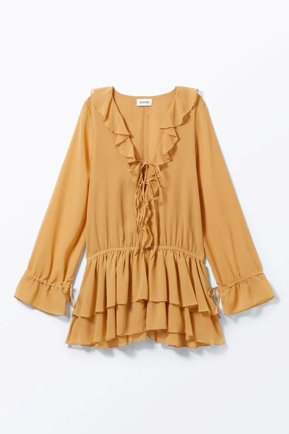 Vestido con cuello en V y volantes – Amarillo mostaza Vestido con cuello en V y volantes – Amarillo mostaza