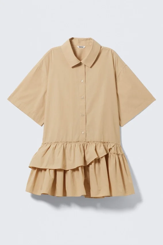 Vestido de camisa mini oversize con volantes – Beige Vestido de camisa mini oversize con volantes – Beige
