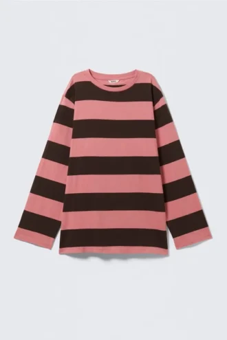 Vestido de manga larga a rayas – Rayas rosas y marrones