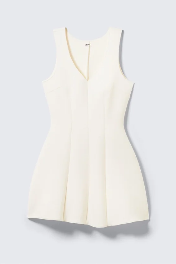 Vestido de neopreno con cuello en V y corte ajustado y acampanado – Blanco Vestido de neopreno con cuello en V y corte ajustado y acampanado – Blanco