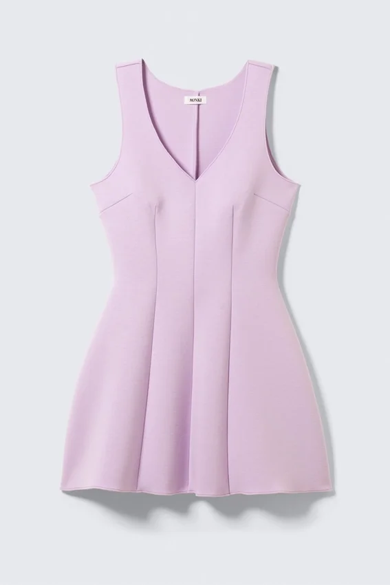 Vestido de neopreno con escote en V y corte ajustado y acampanado – Lila Vestido de neopreno con escote en V y corte ajustado y acampanado – Lila