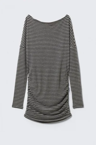 Vestido drapeado asimétrico de manga larga – Rayas negras y grises