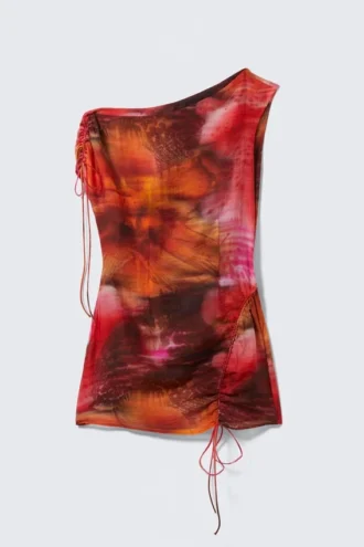 Vestido drapeado asimétrico – Naranja/Rojo – Flor Calypso