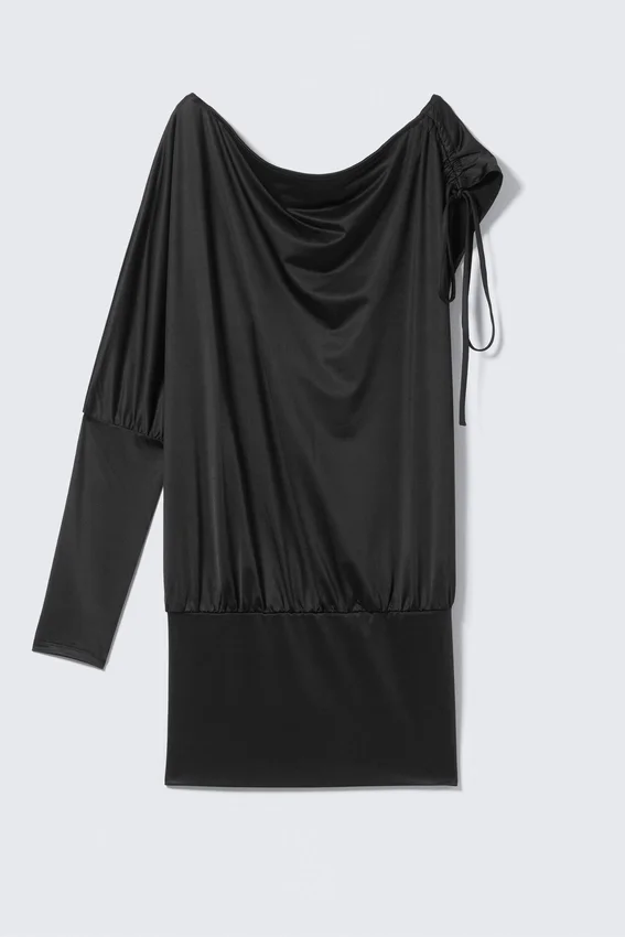 Vestido drapeado de jersey con una sola manga – Negro Vestido drapeado de jersey con una sola manga – Negro
