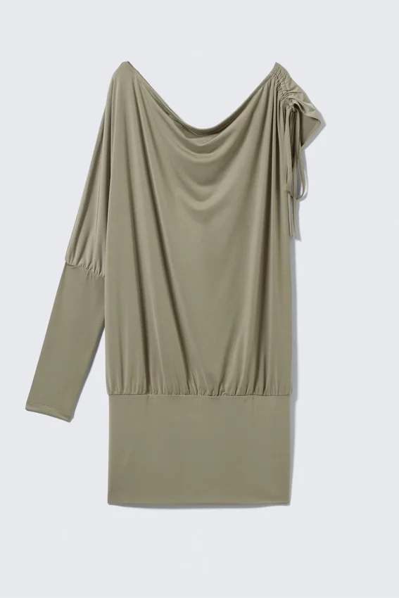 Vestido drapeado de jersey con una sola manga – Verde caqui Vestido drapeado de jersey con una sola manga – Verde caqui