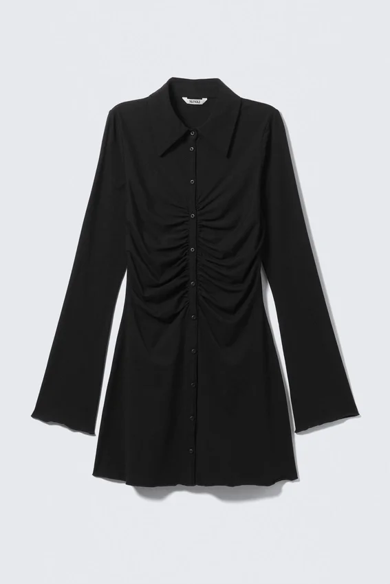 Vestido entallado con fruncidos y manga larga – Negro Vestido entallado con fruncidos y manga larga – Negro