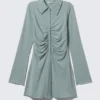 Vestido entallado de manga larga con fruncidos – Azul empolvado Vestido entallado de manga larga con fruncidos – Azul empolvado
