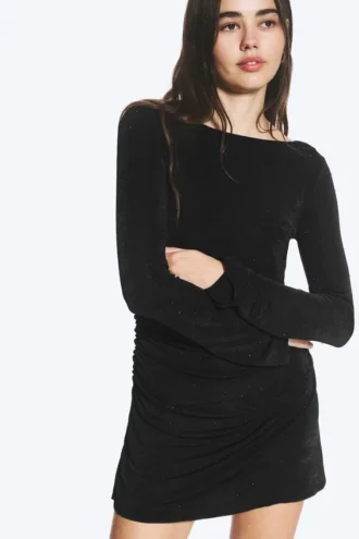 Vestido fruncido de manga larga y cuello barco – Negro – Strass Vestido fruncido de manga larga y cuello barco – Negro – Strass