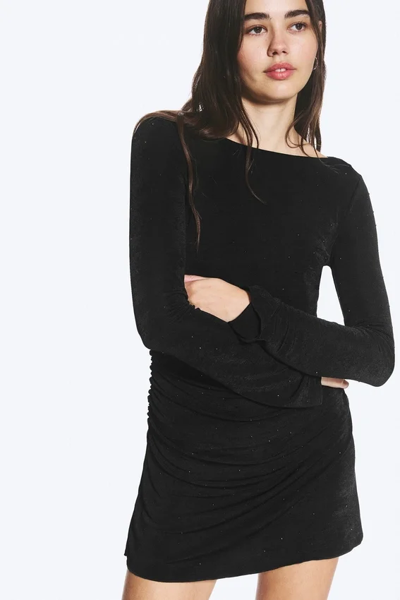 Vestido fruncido de manga larga y cuello barco – Negro – Strass Vestido fruncido de manga larga y cuello barco – Negro – Strass