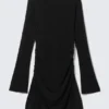 Vestido fruncido de manga larga y cuello barco – Negro – Strass Vestido fruncido de manga larga y cuello barco – Negro – Strass