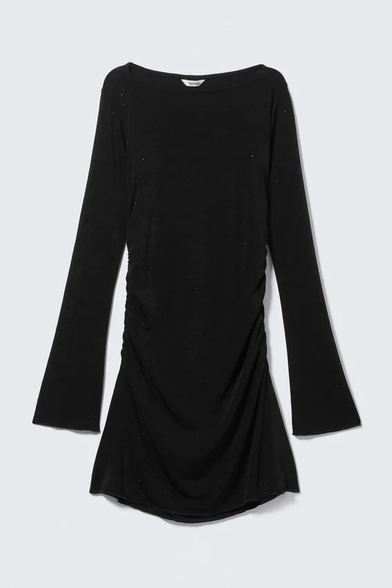 Vestido fruncido de manga larga y cuello barco – Negro – Strass Vestido fruncido de manga larga y cuello barco – Negro – Strass
