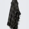 Vestido largo asimétrico sin mangas con volantes – Cuadros gris oscuro