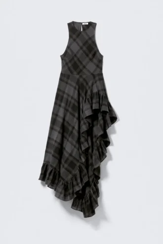 Vestido largo asimétrico sin mangas con volantes – Cuadros gris oscuro