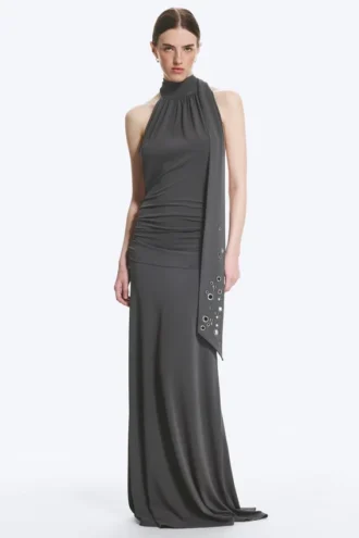 Vestido largo con cuello halter – Gris oscuro
