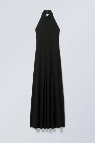 Vestido largo con cuello halter y espalda abierta – Negro