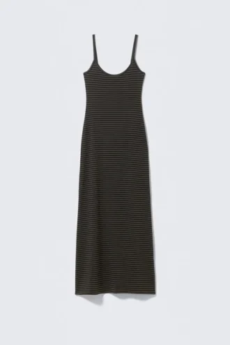 Vestido largo con tirantes lisos – Lunas oscuras y rayas negras