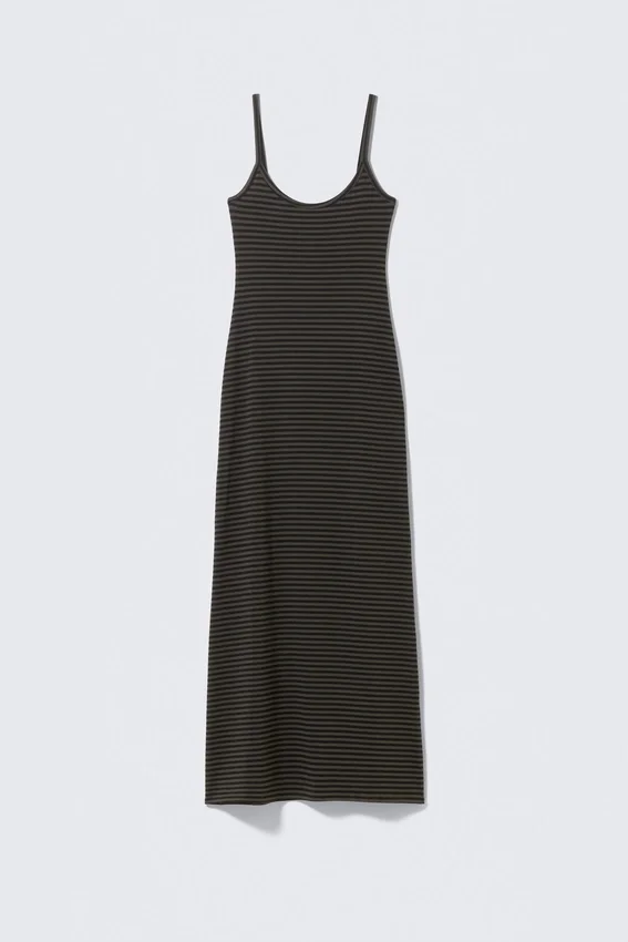 Vestido largo con tirantes lisos – Lunas oscuras y rayas negras Vestido largo con tirantes lisos – Lunas oscuras y rayas negras