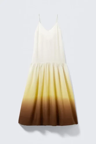 Vestido largo de algodón estampado con volantes – Blanco/Amarillo/Marrón – Degradado