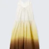 Vestido largo de algodón estampado con volantes – Blanco/Amarillo/Marrón – Degradado Vestido largo de algodón estampado con volantes – Blanco/Amarillo/Marrón – Degradado