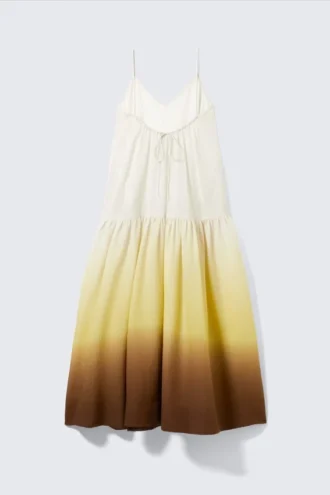 Vestido largo de algodón estampado con volantes – Blanco/Amarillo/Marrón – Degradado