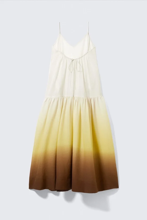 Vestido largo de algodón estampado con volantes – Blanco/Amarillo/Marrón – Degradado Vestido largo de algodón estampado con volantes – Blanco/Amarillo/Marrón – Degradado