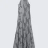 Vestido largo de jacquard con cuello halter – Gris Vestido largo de jacquard con cuello halter – Gris
