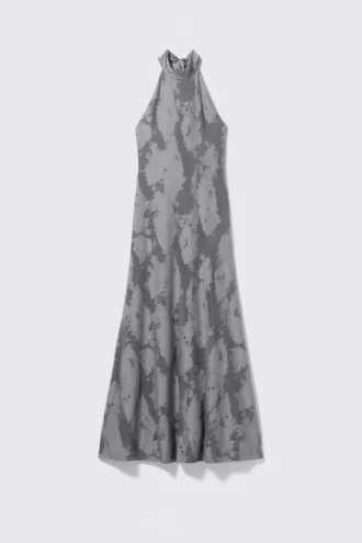 Vestido largo de jacquard con cuello halter – Gris