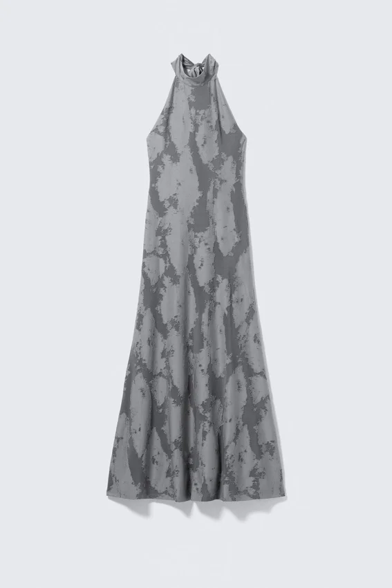 Vestido largo de jacquard con cuello halter – Gris Vestido largo de jacquard con cuello halter – Gris