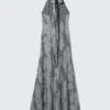 Vestido largo de jacquard con cuello halter – Gris Vestido largo de jacquard con cuello halter – Gris
