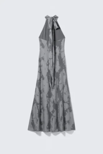 Vestido largo de jacquard con cuello halter – Gris