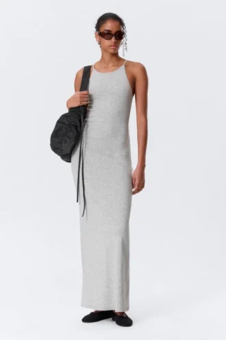 Vestido largo de jersey con espalda nadadora – Gris jaspeado