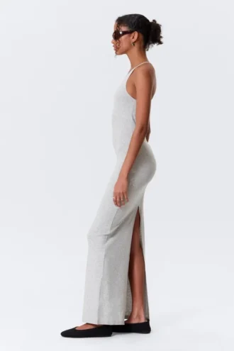 Vestido largo de jersey con espalda nadadora – Gris jaspeado