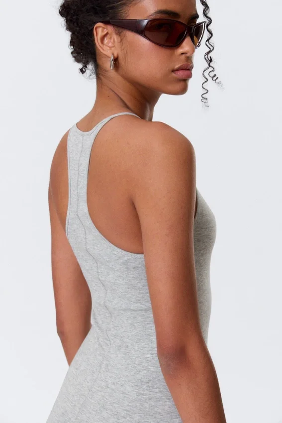 Vestido largo de jersey con espalda nadadora – Gris jaspeado Vestido largo de jersey con espalda nadadora – Gris jaspeado