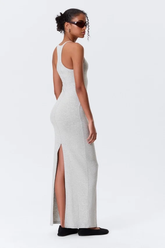 Vestido largo de jersey con espalda nadadora – Gris jaspeado Vestido largo de jersey con espalda nadadora – Gris jaspeado