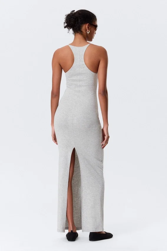 Vestido largo de jersey con espalda nadadora – Gris jaspeado Vestido largo de jersey con espalda nadadora – Gris jaspeado