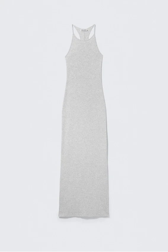 Vestido largo de jersey con espalda nadadora – Gris jaspeado Vestido largo de jersey con espalda nadadora – Gris jaspeado