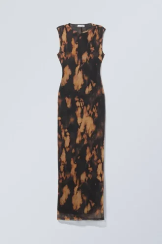 Vestido largo de malla estampado con abertura – Marrón empolvado