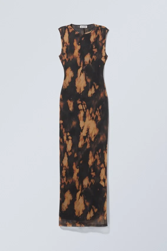Vestido largo de malla estampado con abertura – Marrón empolvado Vestido largo de malla estampado con abertura – Marrón empolvado