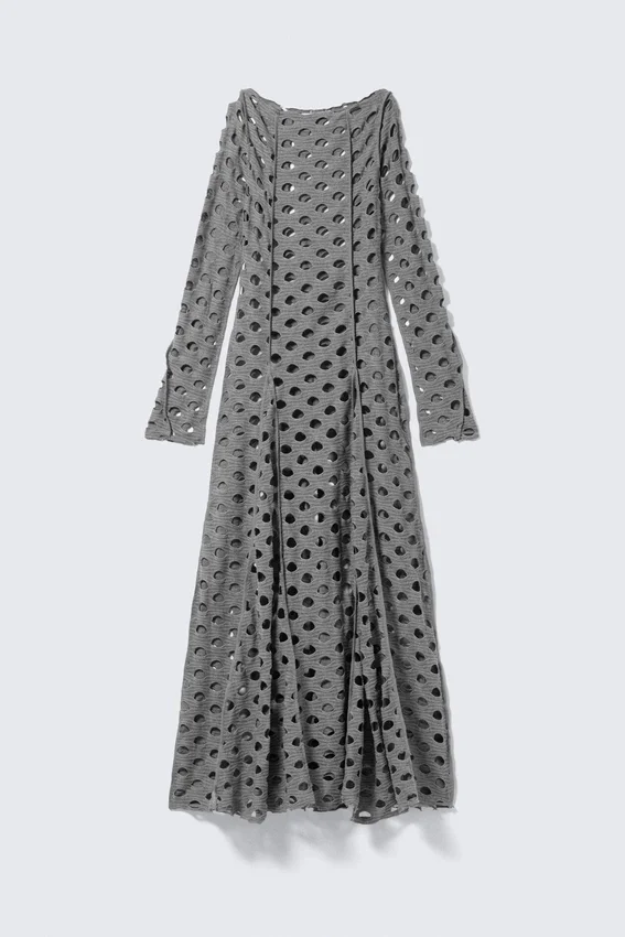 Vestido largo de manga larga con efecto desgastado – Gris Vestido largo de manga larga con efecto desgastado – Gris