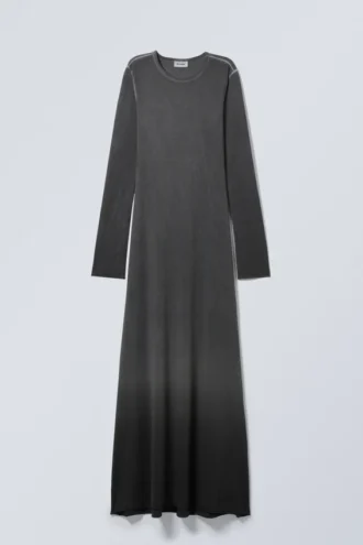 Vestido largo de manga larga con efecto lavado – Lavado degradado en gris oscuro