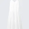 Vestido largo de popelín de algodón con volantes – Blanco