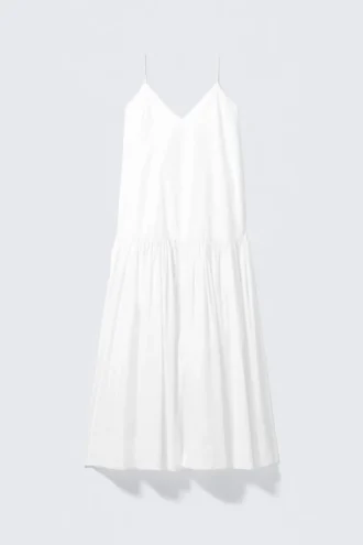 Vestido largo de popelín de algodón con volantes – Blanco
