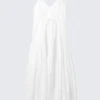 Vestido largo de popelín de algodón con volantes – Blanco