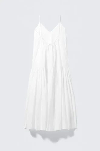 Vestido largo de popelín de algodón con volantes – Blanco